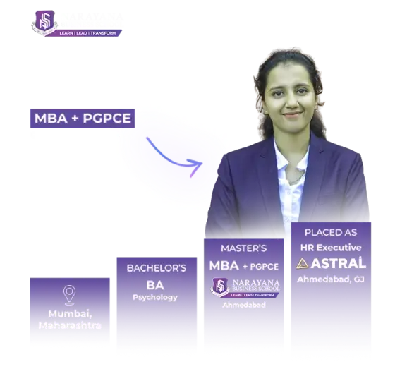 Narayana Business School | Top Ranked B School In India 143 MBA + PGPCE alumnus from Narayana Business School Ahmedabad—journey from BA Psychology in Mumbai to HR Executive at Astral, Ahmedabad; top MBA & PGDM college in India with AI-powered curriculum and global placement opportunities.