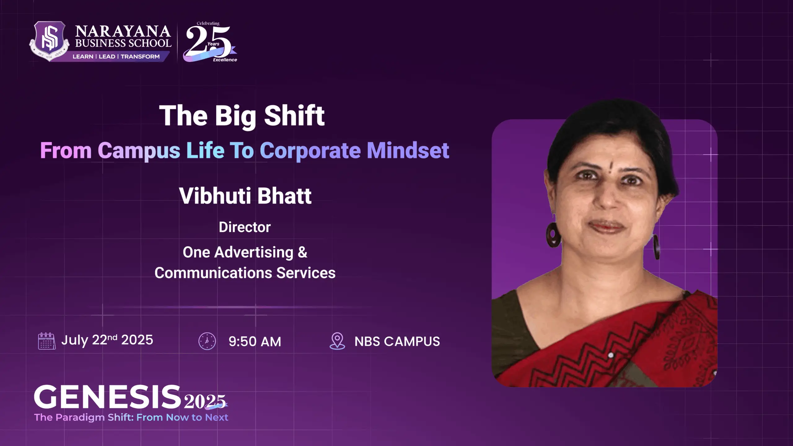 Genesis 2025 event featuring speaker Vibhuti Bhatt director of One Advertising and Communications Services.
