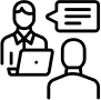 Narayana Business School | Top Ranked B School In India 210 Black outline icon showing one person with a laptop and another person with a speech bubble, representing an interview, consultation, discussion, or communication in a professional or educational setting.